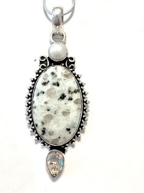 925 marked, kiwi Jasper,  White Topaz and Pearl pendant on a silver chain.